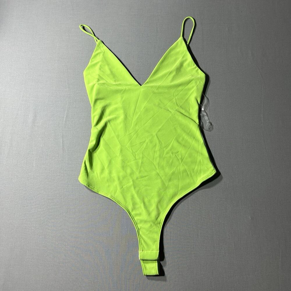 DAY&NIGHT V-Neck Spaghetti Strap Thong Bodysuit Neon Green Small